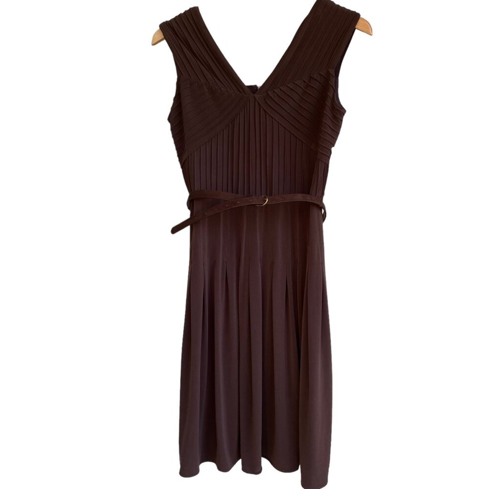 ADRIANNA PAPELL Pintuck Jersey Cap Sleeve Fit Flare Dress 8 Brown Belt Career